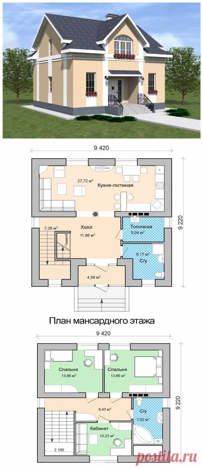 Проект уютного дома с мансардой. | Архитектурное бюро. Авторские проекты планы домов и коттеджей в Воронеже, Белгороде, Курске, Туле, Москве