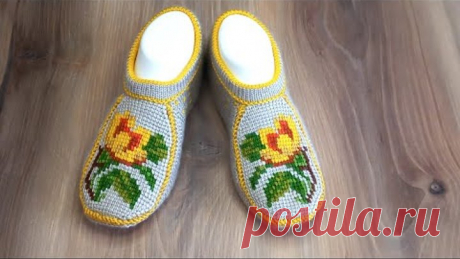 Тапочки 🌼спицами + тунисский крючок.Новая модель.Краткий МК