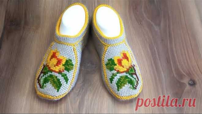 Тапочки 🌼спицами + тунисский крючок.Новая модель.Краткий МК