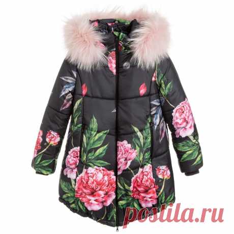 Black & Floral Padded Coat Girls black padded coat by Tamarine with a bold floral print. The cosy hood fastens to the coat with a zip and has a detachable pink fur trim. With ribbed cuffs and a drawstring hem, it has useful zip-up pockets and a soft grey fleece lining.
