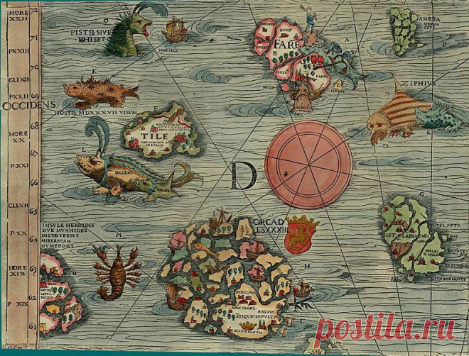 d Olaus Magnus Map of Scandinavia 1539. Древние карты мира в высоком разрешении - Старинные карты. Описание картины, скачать репродукцию.