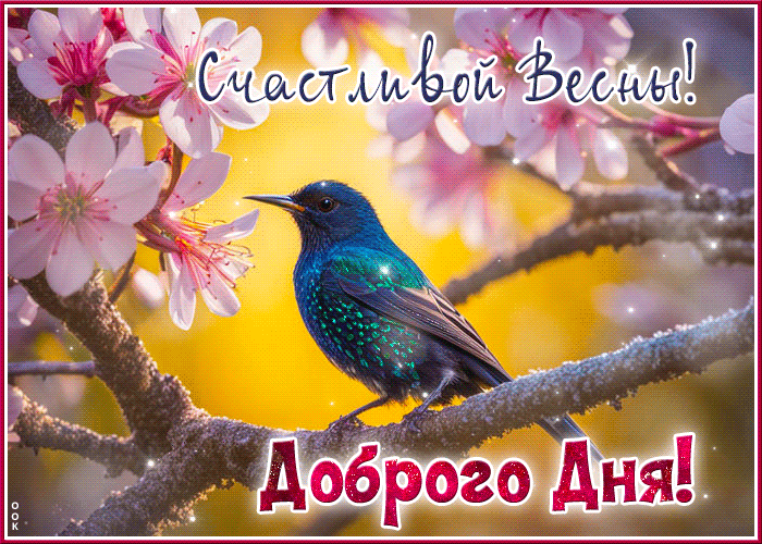 Веселая и радужная гиф-открытка Счастливой весны! Доброго дня - Скачать бесплатно