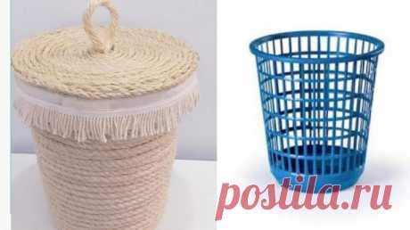 Интерьерная корзина без шитья, вязания и плетения Оригинальный каркасный органайзер легко сделать своими руками из обычной корзины для бумаг и толстой веревки буквально за 1 вечер. При этом шить, вязать и даже плести не придется. А вот клеевым пистол...