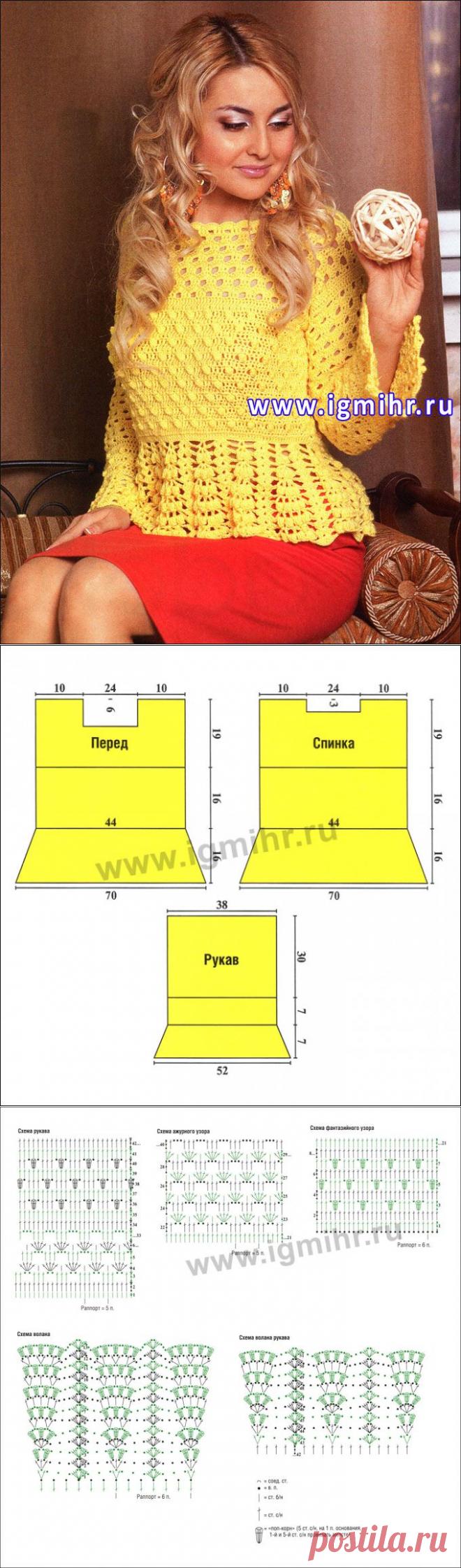 Нежная желтая кофточка с фантазийным и ажурным узорами. Крючок