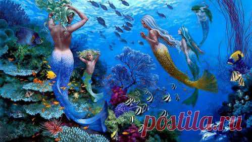 Русалки в подводном мире - Картинки 1366x768 - Картинки широкоформатные - Анимации и картинки - Сайт Скорпион - для Вас