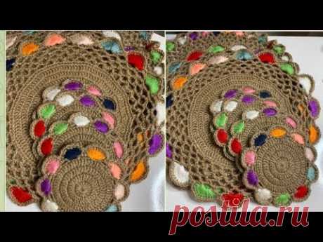 Подставка под чашку из джута и остатков пряжи. Вяжем крючком.🌸