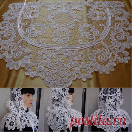 Платок донской для храма сплетен на коклюшках.Нитки хлопок белого  цвета.Фасон  с закругленной оборкой спереди  и уголком ,украшенным крестиком,сзади. Пышный капюшон,завязка- атласная лента.