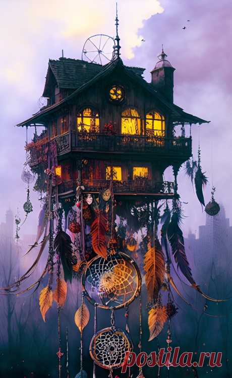 Сказочная иллюстрация с ловцом снов, удивительный пейзаж.