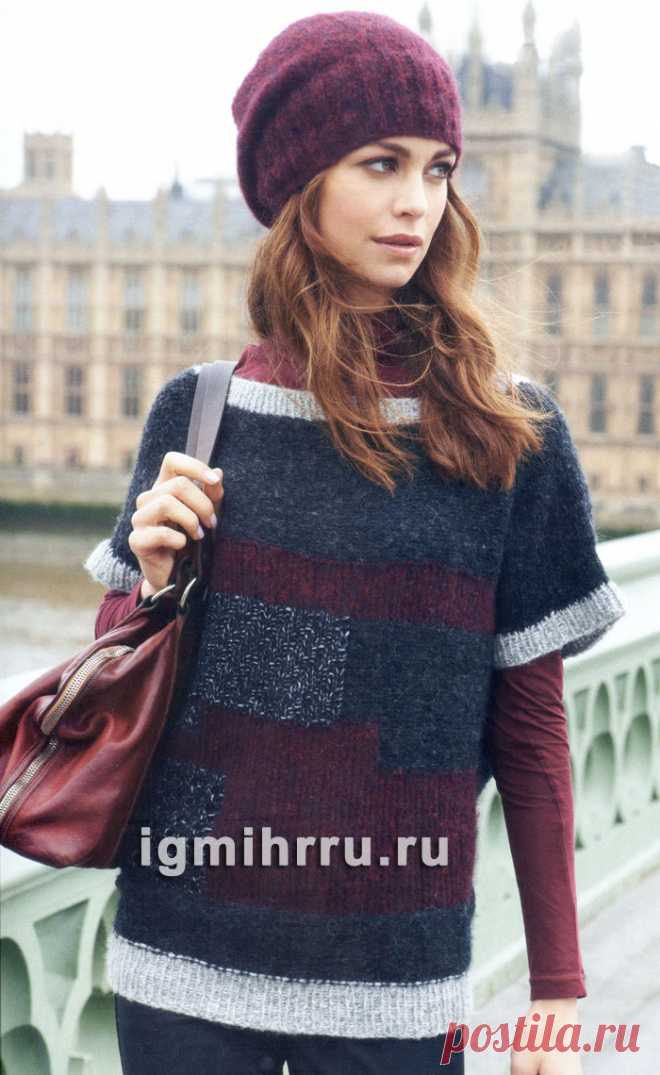 Уютный пуловер с цветными участками, дополненный шапочкой. Вязание спицами