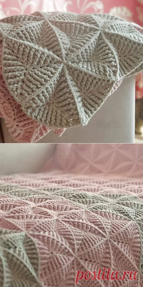 Плед треугольными мотивами. Крючок.