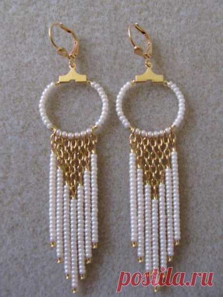 Seed Bead Chain Hoop Earrrings - Pearl Cream