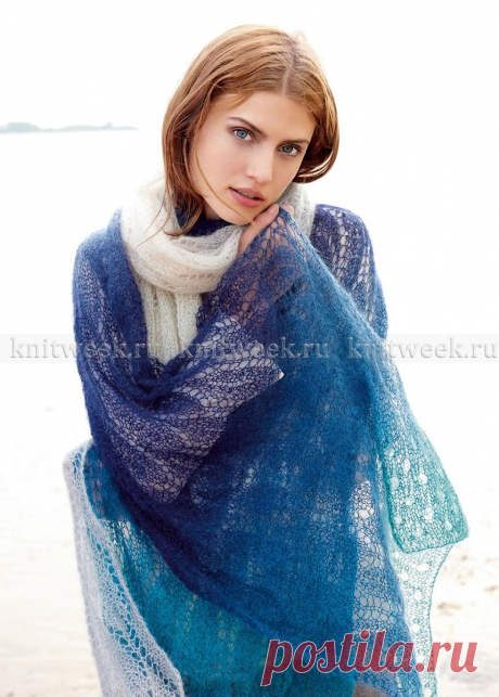 Ажурный палантин из секционно-окрашенного мохера. Спицами. / knitweek.ru