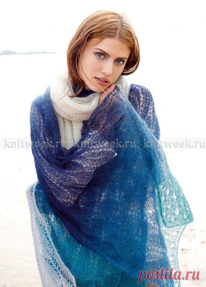 Ажурный палантин из секционно-окрашенного мохера. Спицами. / knitweek.ru