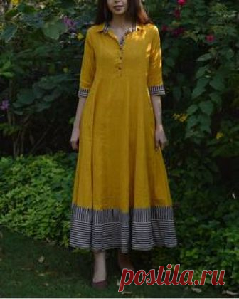 Mustard Shirt Waist Flared Maxi Dress With Striped Borders