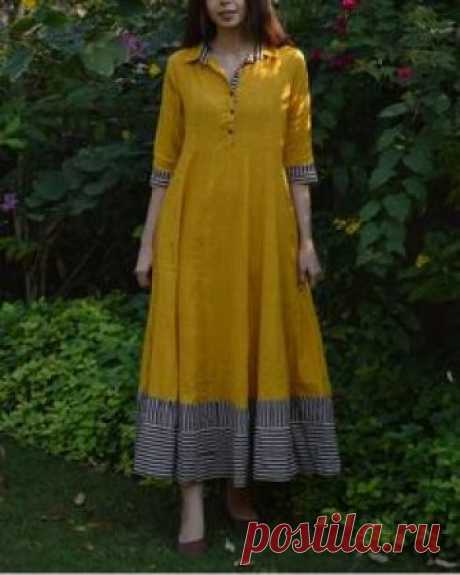 Mustard Shirt Waist Flared Maxi Dress With Striped Borders