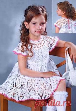 Вязание для детей - Белое ажурное платье для девочки » Вязание крючком - схемы, видео, уроки