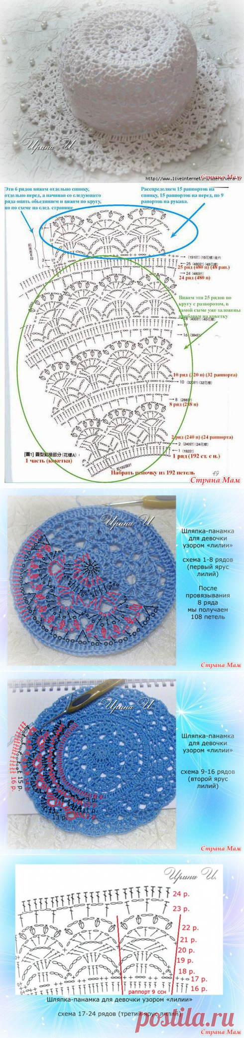 Шляпка-панамка для девочки узором "лилии"