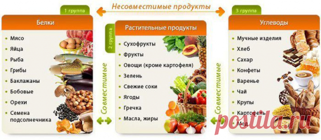 Таблица совместимости продуктов при раздельном питании