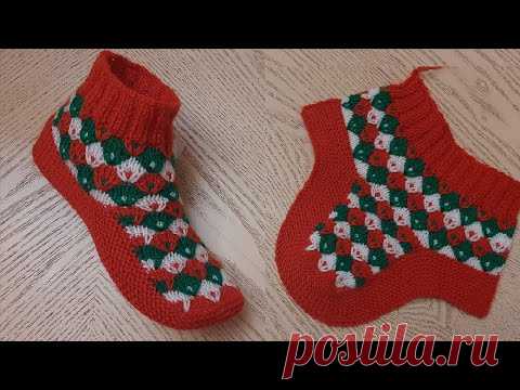 Новогодние тапочки-следки на двух спицах без швов // patik modelleri