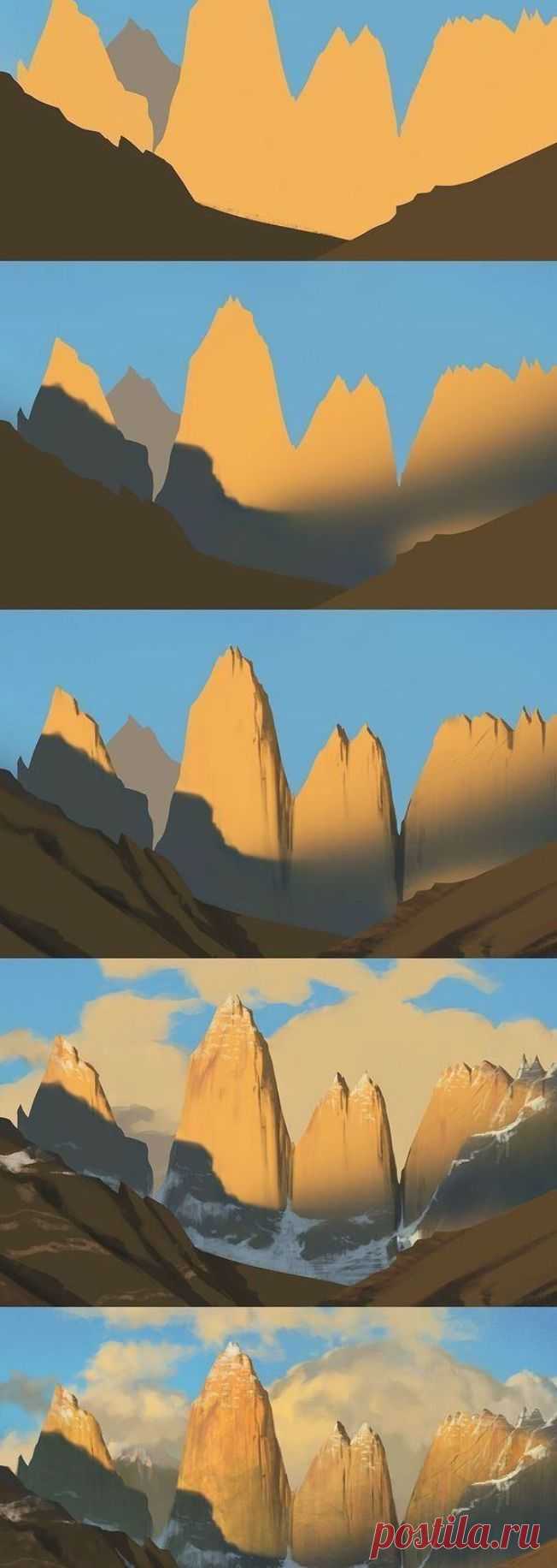 Рисунок. Поэтапно. Горный пейзаж.
