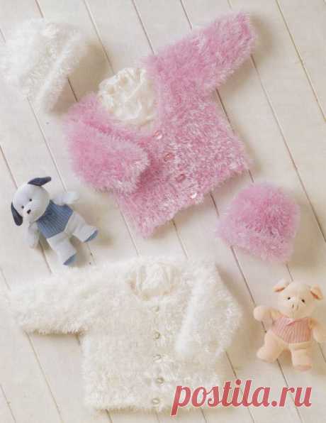 baby knitting pattern lovely eyelash yarn cardigans and hats l in sizes 12 to 22 inches dk premature This item is a PDF file of the knitting pattern for very pretty cardigans and hats which will fit from premature size up to 22 inches.  The pattern will be available for download upon receipt of payment, for you to print out or read from your computer.  The cardigan is knit in dk eyelash yarn. You need 3.25 and 4mm needles.  Happy knitting