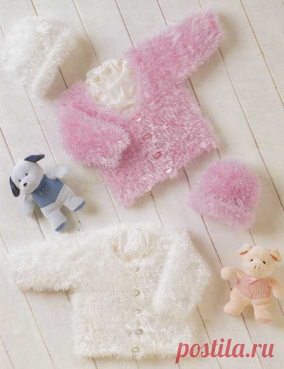 baby knitting pattern lovely eyelash yarn cardigans and hats l in sizes 12 to 22 inches dk premature This item is a PDF file of the knitting pattern for very pretty cardigans and hats which will fit from premature size up to 22 inches.  The pattern will be available for download upon receipt of payment, for you to print out or read from your computer.  The cardigan is knit in dk eyelash yarn. You need 3.25 and 4mm needles.  Happy knitting