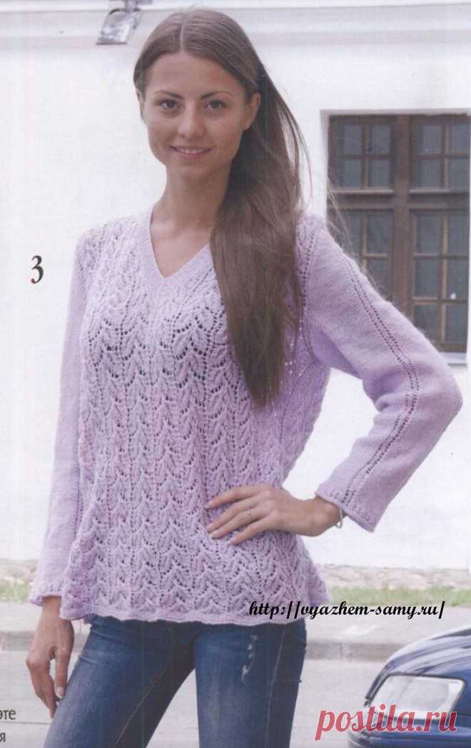 Ажурный пуловер сиреневого цвета. | Золотые спицы