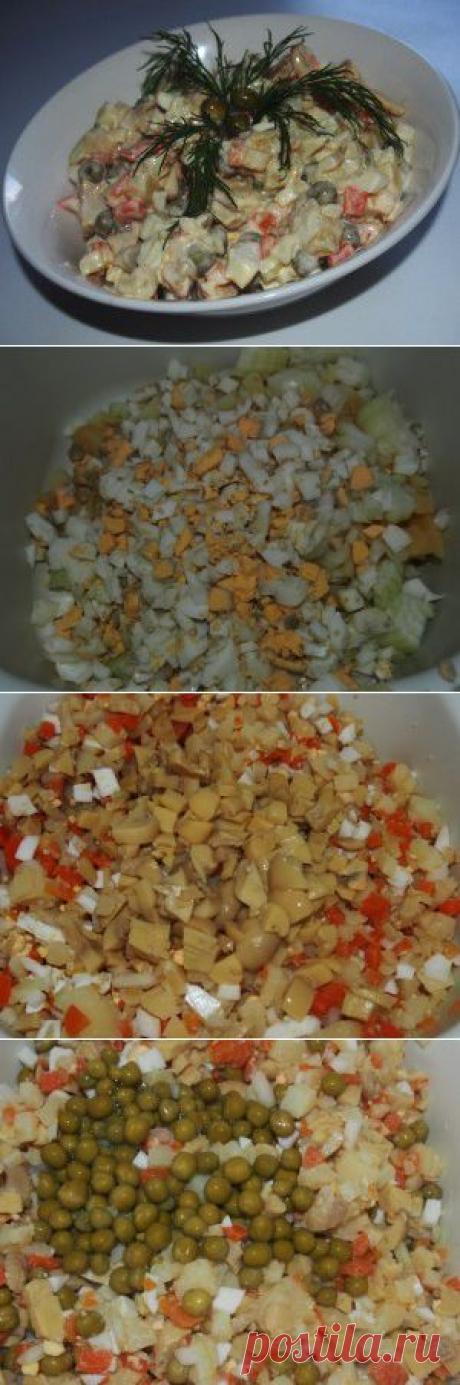 А-ля оливье с маринованными грибами | Хлеб-Соль
За неимением дома маринованных огурцов, оливье можно приготовить и с маринованными грибами. Правда, получится уже совсем другой салат.