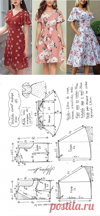 Vestido evasê decote V manga sino – Marlene Mukai
