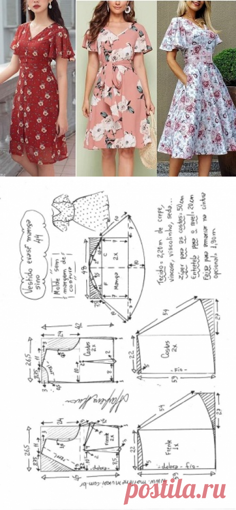 Vestido evasê decote V manga sino – Marlene Mukai