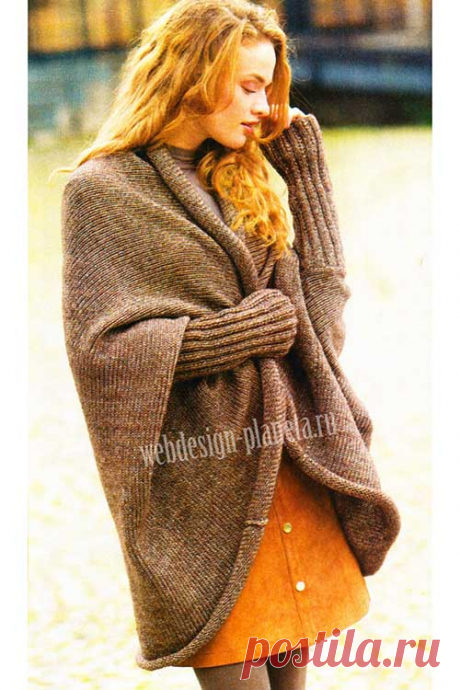 Коричневый просторный жакет спицами | Вязание спицами, вязание крючком | Мир вязания В этом сезоне актуальны объемные одеяния, например связанный спицами лицевой гладью просторный жакет с высокими планками рукавов.