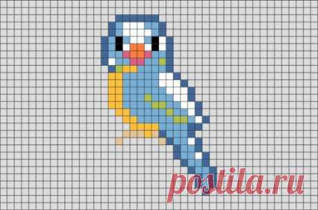 a blue and yellow bird is shown on a gray background, with the pixellated pattern in