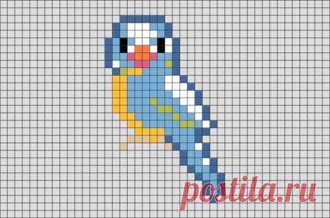 a blue and yellow bird is shown on a gray background, with the pixellated pattern in