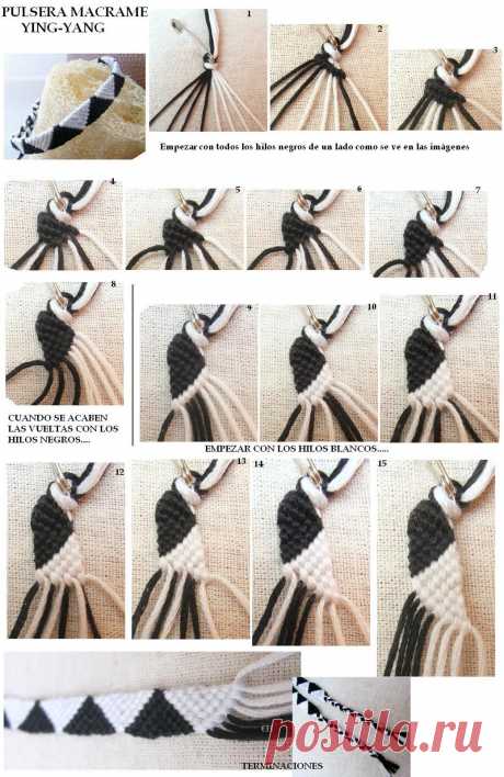 Браслет Ying-Yang из пряжи двух цветов в технике макраме. /  UsefulDIY.com