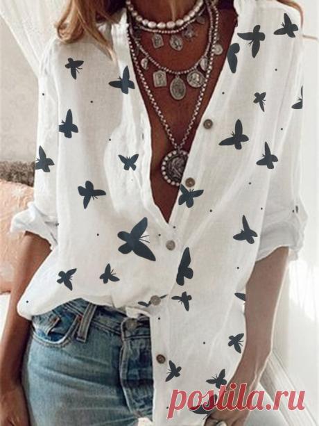 $ 23.98 - White Casual Butterfly Printed Long Sleeve Shift Shirts & Tops - www.clothingi.com