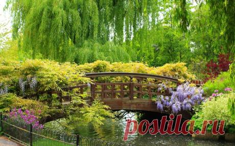 ограда, парк, речка, мостик, Spring garden, красивый, bridge картинки на рабочий стол 17645