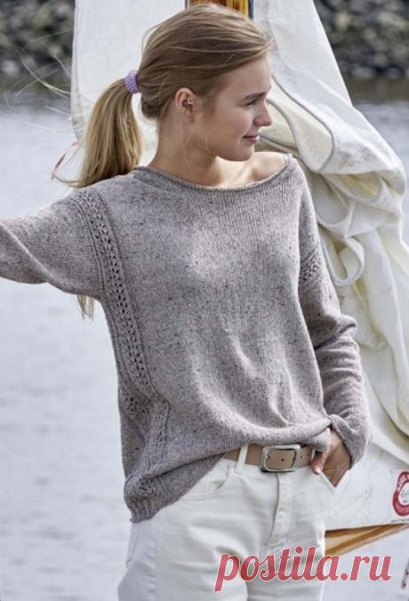 Джемпер с вертикальными ажурными полосами из пряжи Schachenmayr Denim Tweed