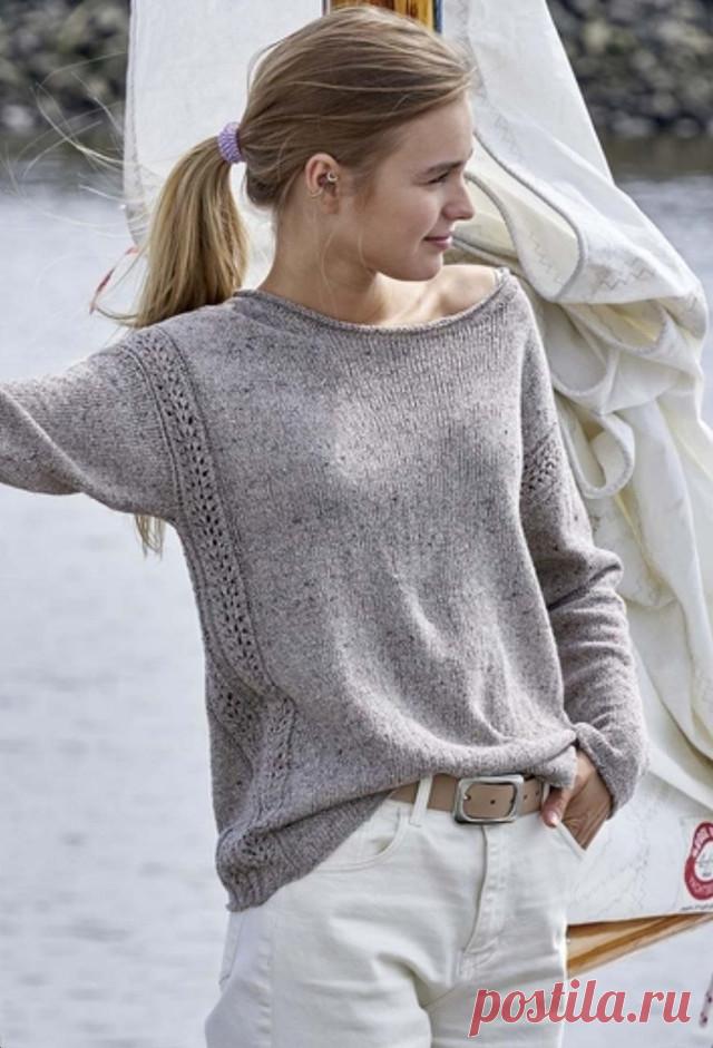 Джемпер с вертикальными ажурными полосами из пряжи Schachenmayr Denim Tweed