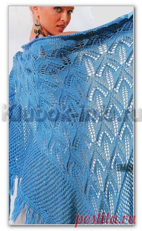 Вязание спицами. Однотонная ажурная шаль с широкой каймой и с бахромой. Размер: 275 х 230 см