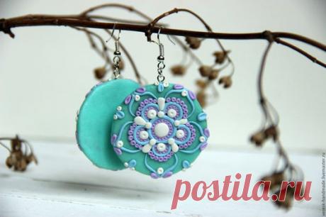 Купить Серьги из полимерной глины Восточный орнамент - серьги из полимерной, серьги из пластики, подарок, бирюзовый