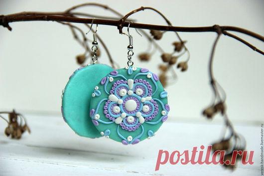 Купить Серьги из полимерной глины Восточный орнамент - серьги из полимерной, серьги из пластики, подарок, бирюзовый
