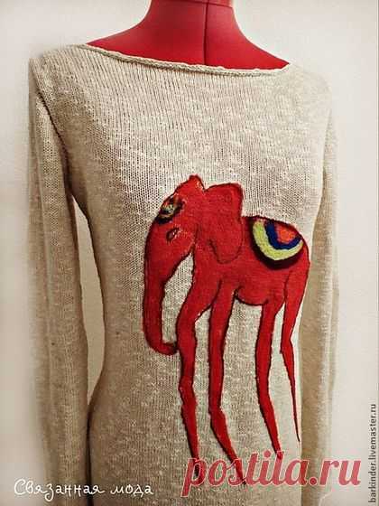 Вязаная шёлковая туника " Слон Минервы" - бежевый,рисунок,туника,туника вязаная