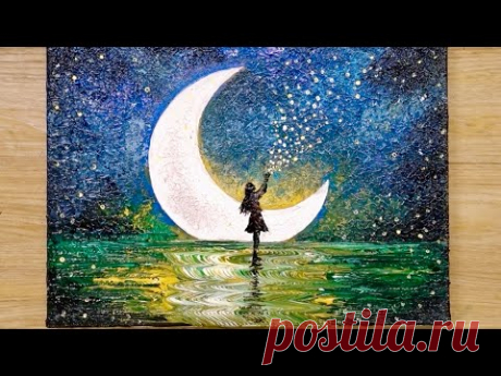 How to draw a moonlight girl with 1 million stars / Acrylic painting technique - YouTube