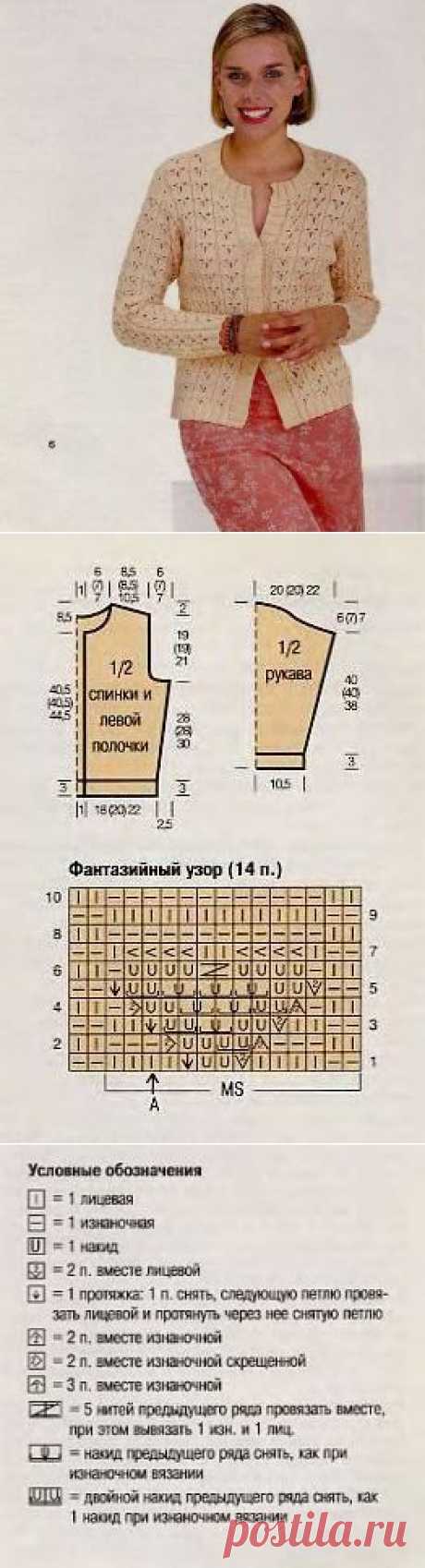 Очень женственный изяшный жакет, связанный фантазийным ажурным узором и застегивающийся на кнопки.