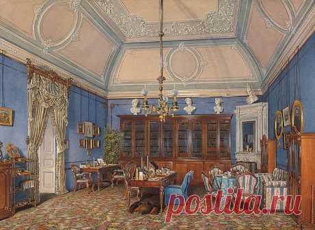 Interiors of the Winter Palace. The Fifth Reserved Apartment. The Study of Grand Princess Maria Alexandrovna - Edward Petrovich Hau - Drawings, Prints and Painting from Hermitage Museum | brunhild110 приколол(а) это к доске Interior painting
