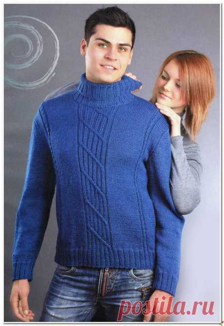 Вяжем спицами синий мужской свитер.