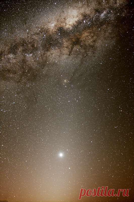 На этом блестящем небесном пейзаже выпуклый центр нашей галактики Млечный Путь отдыхает на подушке из света. На фотографии, сделанной 22 сентября на фоне тёмных небес Южной Африки, пылевые потоки будто бы стекают вниз из Галактического центра к желтоватому Антаресу — ярчайшей звезде созвездия Скорпиона, расположенной в верхней части композиции. Однако, самая яркая небесная жемчужина на снимке совсем не звезда, а планета Венера, сияние которой всё ещё господствует над западным горизонтом.