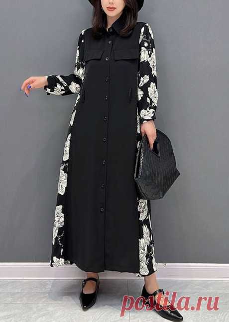 Classy Black Peter Pan Collar Patchwork Print Chiffon Cinch Dresses Fa – SooLinen