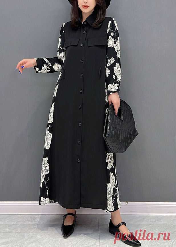 Classy Black Peter Pan Collar Patchwork Print Chiffon Cinch Dresses Fa – SooLinen