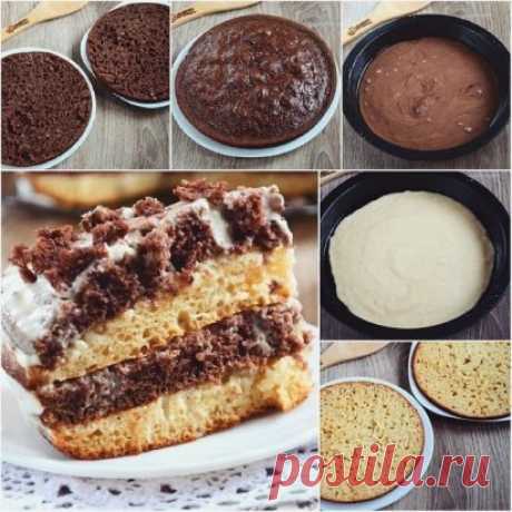 Нежный и вкусный тортик на кефире
Специально для тех, кто не любит долго возится с тестом 

Вы будете поражены, но действительно в тесто для торта входят лишь кефир, сода, сахар, мука и яйца. Все! Причем не нужно вымешивать тесто, не надо ждать, пока оно взойдет и прочее. Просто нужно смешать все ингредиенты — и все, можно выпекать. Но здесь я решила поэкспериментировать и сделать два коржа: один белый, а второй – с какао. Получилось очень празднично и вкусно!
Ингредиенты:
Кефир: 1 Ста